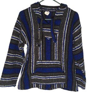 Artesanias Baja Mexican Blanket Pullover Poncho Hoodie Surfer Blue Drug Rug Sz M